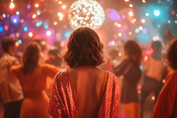 Elegant woman wearing a sequined dress standing on a crowded dance floor