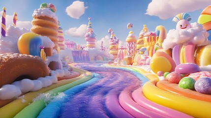 A whimsical landscape of candy and sweets with a river of blue water flowing through it.