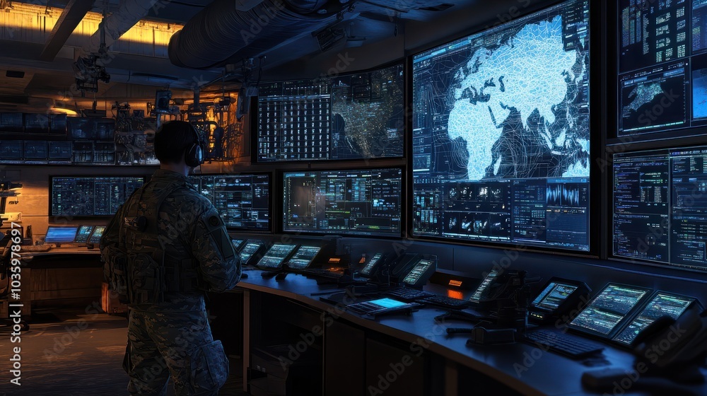 Poster a military personnel monitors data in a high-tech command center with multiple screens.