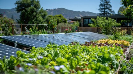 Solar panels in a garden, surrounded by lush greenery, showcasing sustainable energy and a harmonious blend of nature and technology.