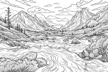 Fototapeta premium Coloring book illustration of panoramic view of speed riding in mountainous terrain