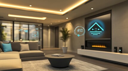 a photostock image of a futuristic smart home control hub in augmented reality, showing compatibility with various smart devices and voice control features in a modern living room