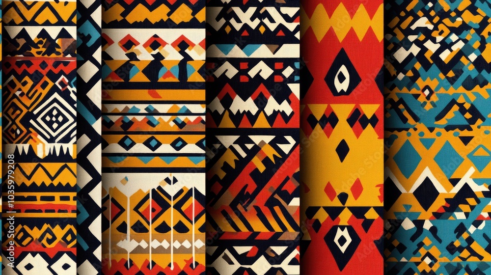 Poster geometric ethnic patterns featuring simple shapes and vibrant color palettes ideal for use in web de