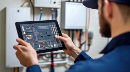 A professional technician monitors a home's electrical system using a tablet. The tablet displays a complex digital schematic, showcasing advanced technology for smart home energy management.