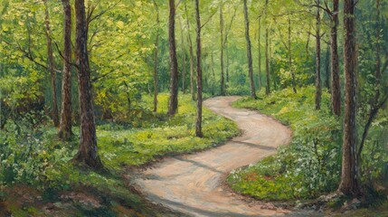Fototapeta premium Oil painting of a winding path through a lush green beech forest in springtime showcasing vibrant foliage and serene natural beauty