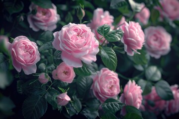 Fototapeta premium Dark background with beautiful pink Damask roses. Luxurious romantic wallpaper.