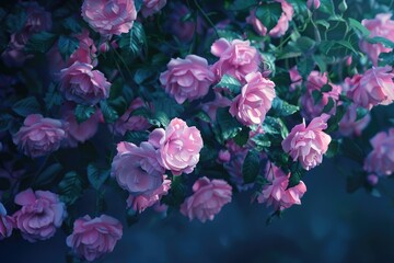 Obraz premium Dark background with beautiful pink Damask roses. Luxurious romantic wallpaper.
