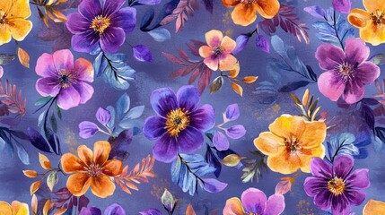 Obraz premium Floral seamless pattern featuring vibrant watercolor illustrations of fantasy flowers leaves and buds on a textured background