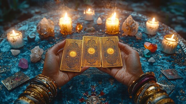 A mystical scene featuring tarot cards, candles, and crystals, set on a decorative surface