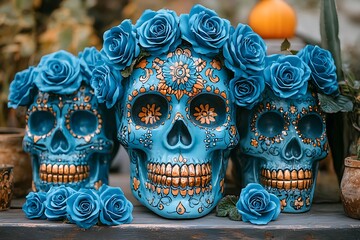 Collection of Blue Skulls Adorned with Flowers.
