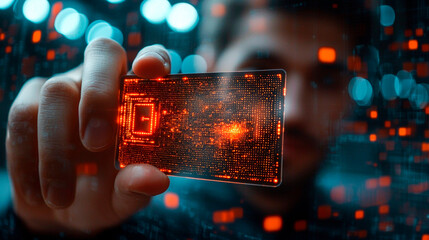 Businessman show digital identification card on virtual screen. Generative AI