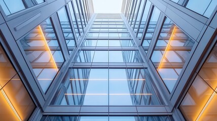 stunning view of high rise glass elevator shaft, showcasing sleek architecture and reflective surfaces. upward perspective highlights modern design and bright lighting, creating captivating