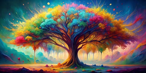 Abstract Colorful Tree in a Dreamlike Landscape, Digital Art, Tree, Painting, Fantasy