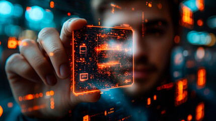 Businessman show digital identification card on virtual screen. Generative AI