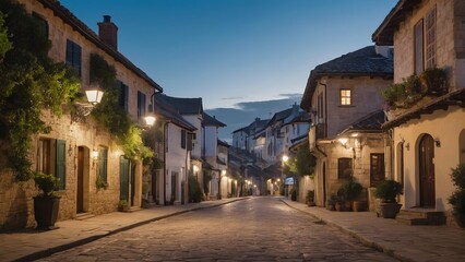 Naklejka premium Charming Cobblestone Street Illuminated by Vintage Lamps in a Quiet Village at Dusk