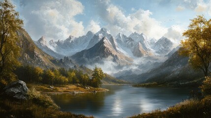 Fototapeta premium Landscape painting featuring a serene mountain range in a picturesque setting