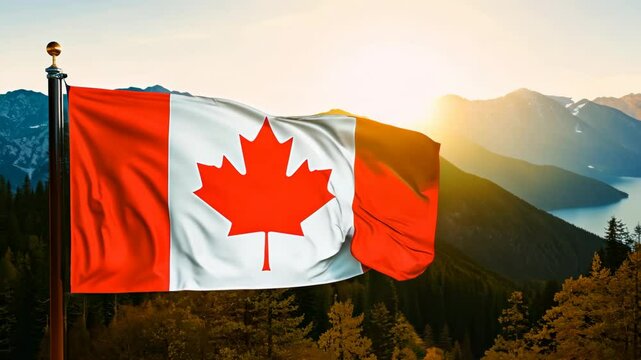 The Canadian flag waves proudly in the breeze, set against a stunning backdrop of mountains and forests, with warm sunlight illuminating the wilderness at sunset.
