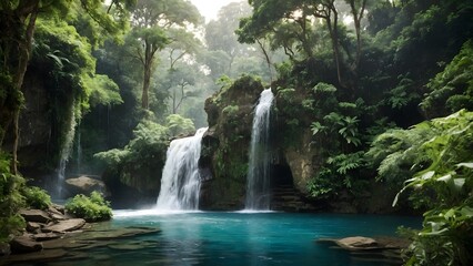 Fototapeta premium A Serene Waterfall Cascades Into a Tranquil Pool Surrounded by Lush Greenery in a Tropical Rainforest