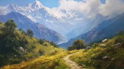Naklejka premium Oil painting capturing the beauty of a stunning trek renowned for its picturesque landscapes and surrounded by majestic mountains A true representation of nature s splendor