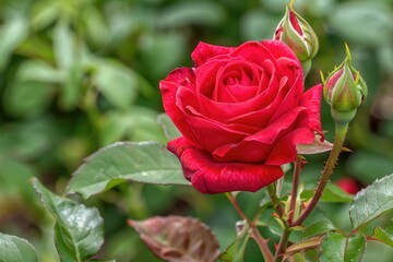 Naklejka premium Close up of red rose and bud growing outdoors