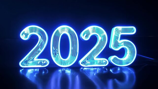 Neon Blue 2025 Sign Reflecting on a Dark Surface: A Futuristic New Year's Eve Countdown Visual