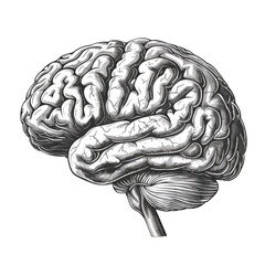 Black and white side view of a vintage brain engraved retro style isolated on a cutout PNG transparent background