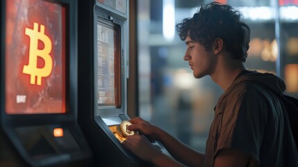 A young man withdraws his bitcoins from the ATM