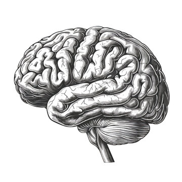 Black and white side view of a vintage brain engraved retro style isolated on a cutout PNG transparent background