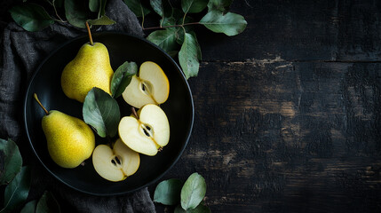 A detailed view of fresh ripe pears arranged closely together, creating a textured background. The...