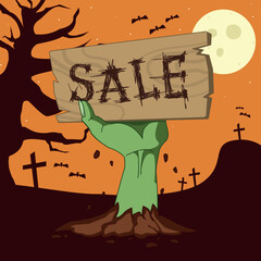 zombie hand holds skratchy sale table with cemetery background.eps
