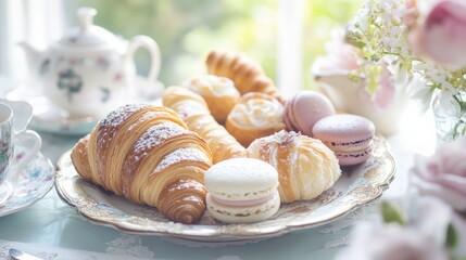 A delicate French pastry assortment including croissants, eclairs, and macarons