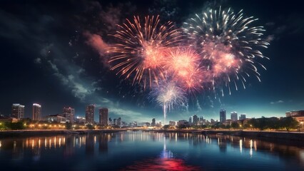Obraz premium Colorful Fireworks Illuminate the Night Sky Over a Vibrant City Skyline Near a Calm River During a Summer Celebration