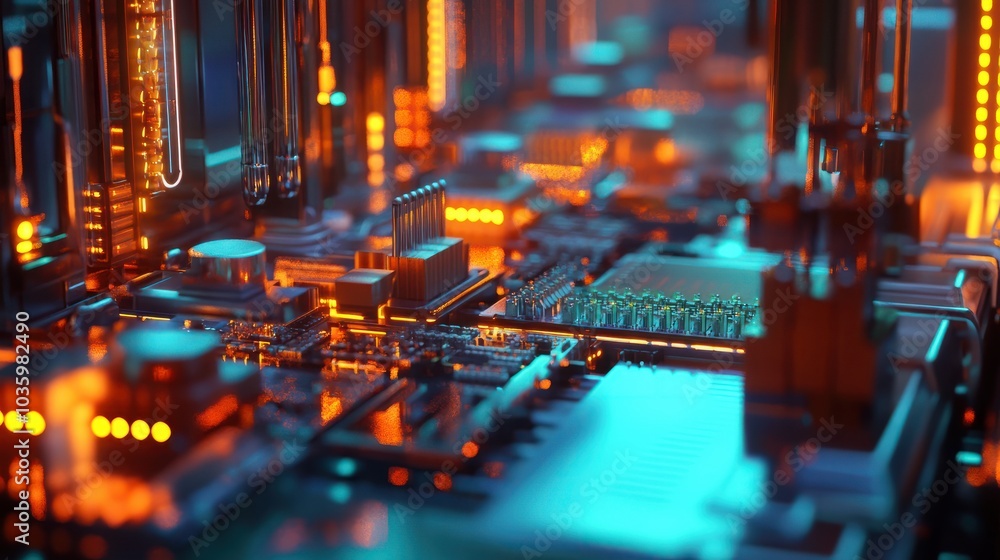 Poster automated assembly line of nano-scale chips in a high-tech factory environment