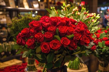 Luxury bouquet made of red roses in flower shop Valentines Bouquet of red roses