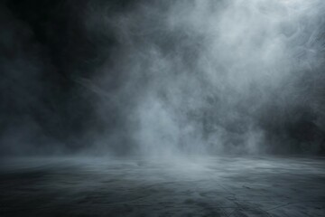 Empty wooden floor in dark room with smoke and fog. Abstract background