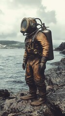 Vintage Diving Suit on Rocky Coastline: A Glimpse into the Past