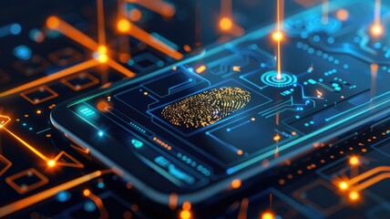 Fototapeta premium Futuristic technology interface with biometric fingerprint security on smartphone screen