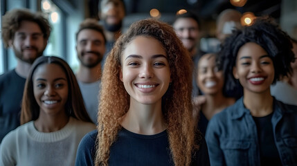 Fototapeta premium success group of multiethnic entrepreneurs and business people achieving goals in corporate office wide shot long shot depth of field focuses on the genuine smile