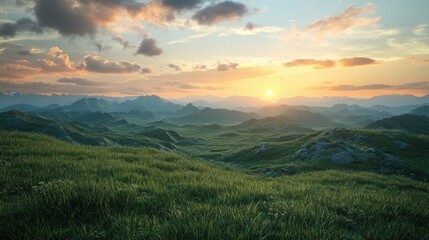 Obraz premium Beautiful nature summer scene with green grass on mountains hills and sunset cloudy sky over mountains as background looking at wide angle lens