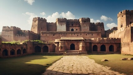 Fototapeta premium Historic Fort at Sunset Showcasing Ancient Architecture and Scenic Landscape in Rajasthan