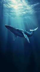 Fototapeta premium Majestic Blue Whale Swimming Underwater in Sunlight