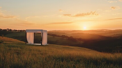 Romantic Sunset Landscape with a Canopy on a Hilltop
