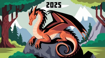 Illustrative dragon resting on a rock, set in a vibrant forest with mountains. Ideal for fantasy themes and artistic designs.