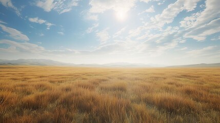 A vast prairie with golden grasses under a wide, open sky