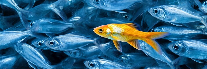 Goldfish Swimming in a School of Blue Fish
