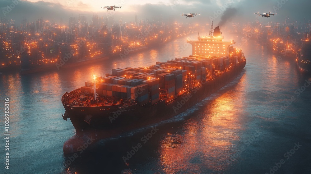 Poster a large container ship filled with cargo is seen navigating through a city harbor at night. drones c