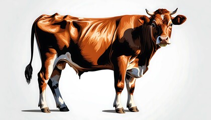 Real cow red and white color body animal  real or illustration art image, background solid color. ganarated by ai image.