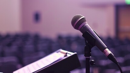 Close-up of microphone on stand in soundproof recording studio, positioned in front of script stand, symbolizing voice acting and audio production.