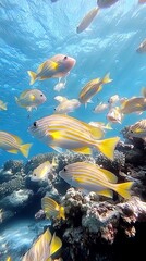 Striped Fish Swimming in a Vibrant Coral Reef