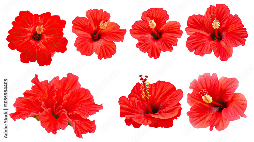 Poster set of four vibrant red hibiscuses on a transparent background generative ai